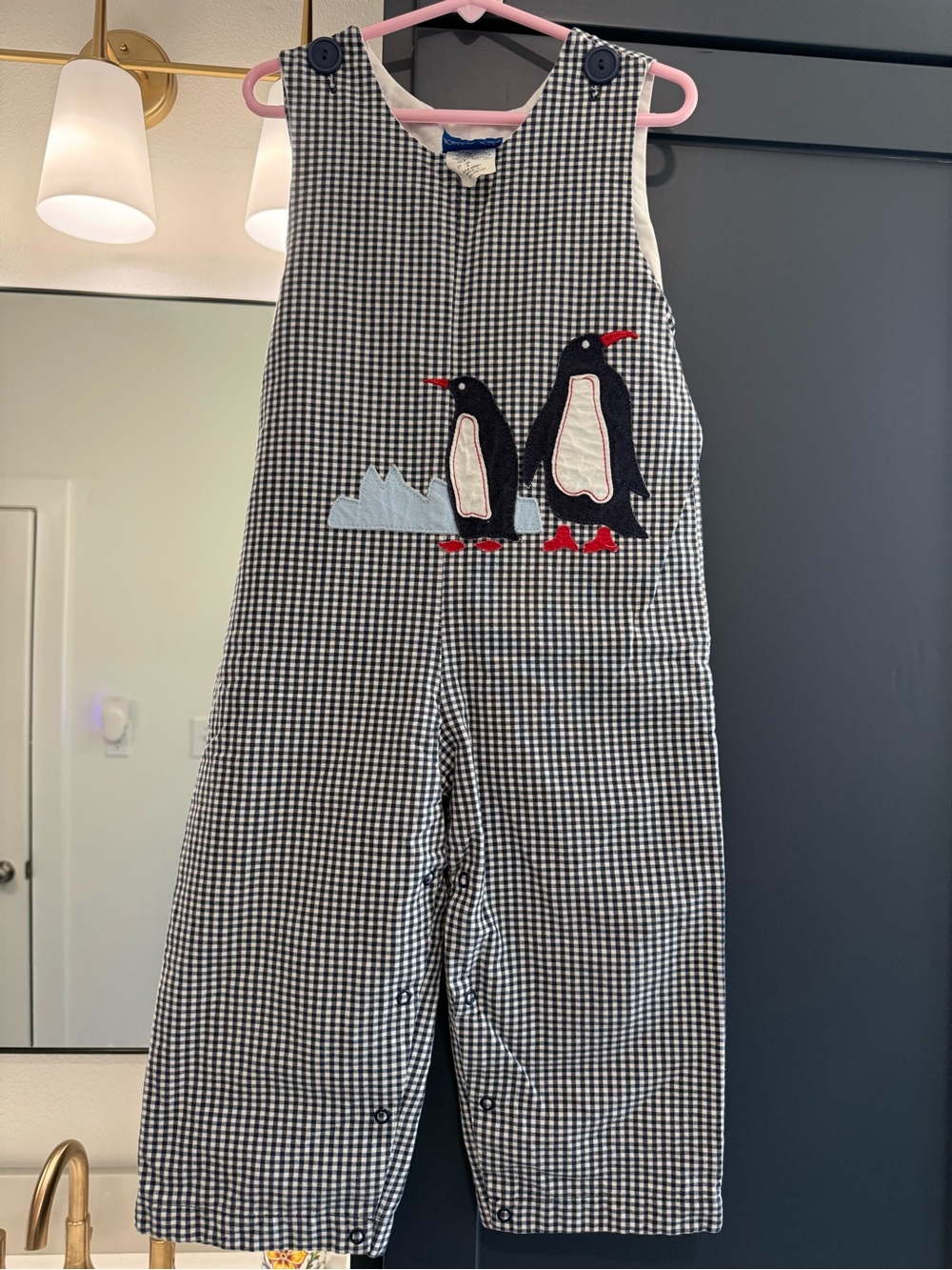 Kelly's Kids Black and White Gingham Overalls with Penguin Appliqué. 4T